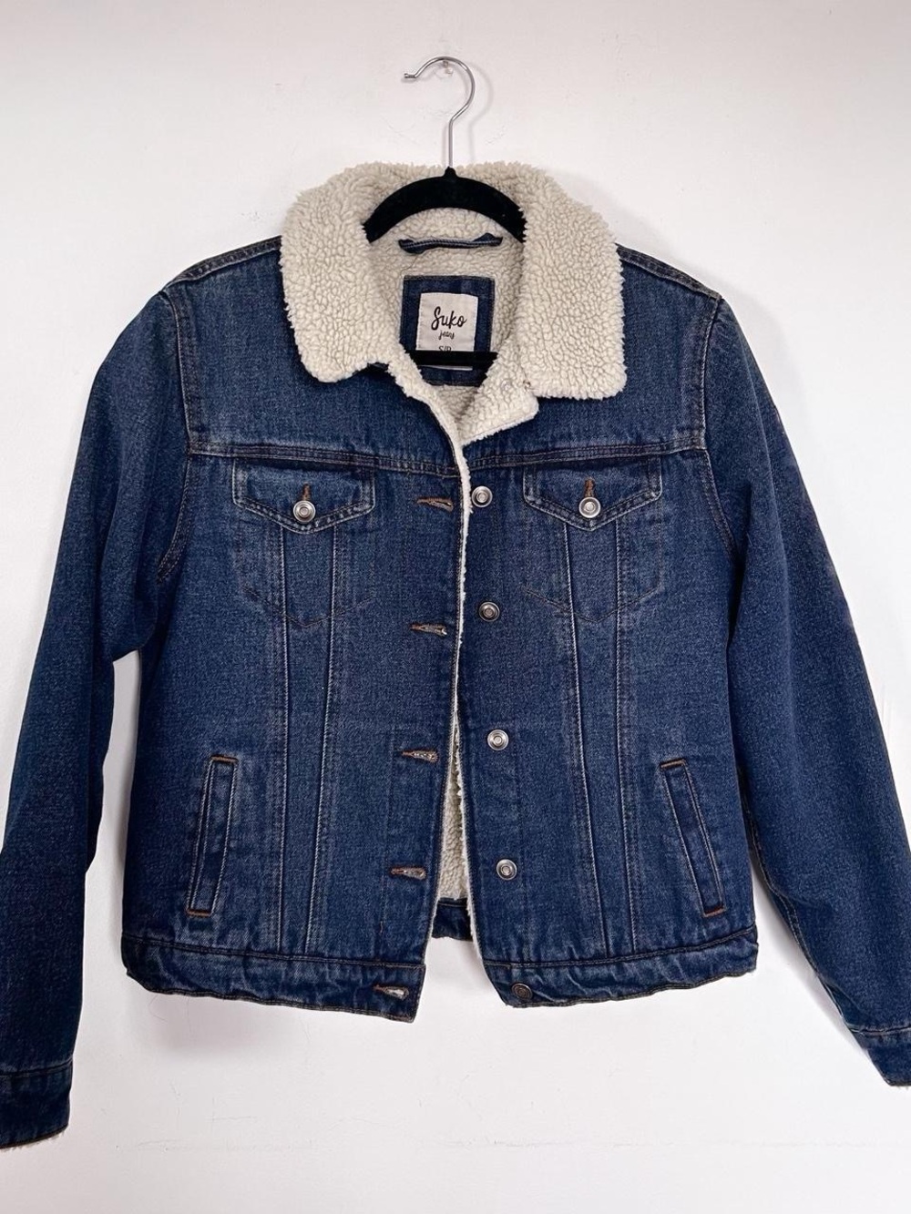 Suko Jeans Sherpa-Lined Denim Jacket in Dark Blue